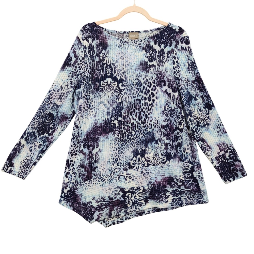 Chicos Womens Boho Eclectic Damask Animal Leopard Asymmetrical Tunic Top 2 Large
